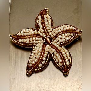 RARE Vintage Signed Brown and Cream Beaded Brooch